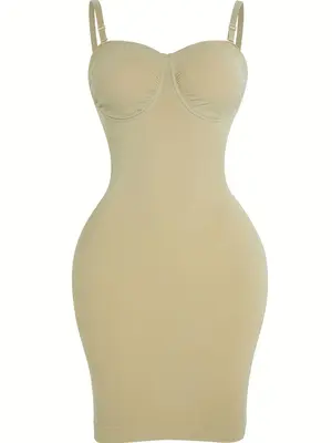 Women's  Basic Solid Adjustable Strap Seamless Bodycon Shapewear Slip, Casual Plain Spaghetti Strap Tummy Control Dress Slip ...