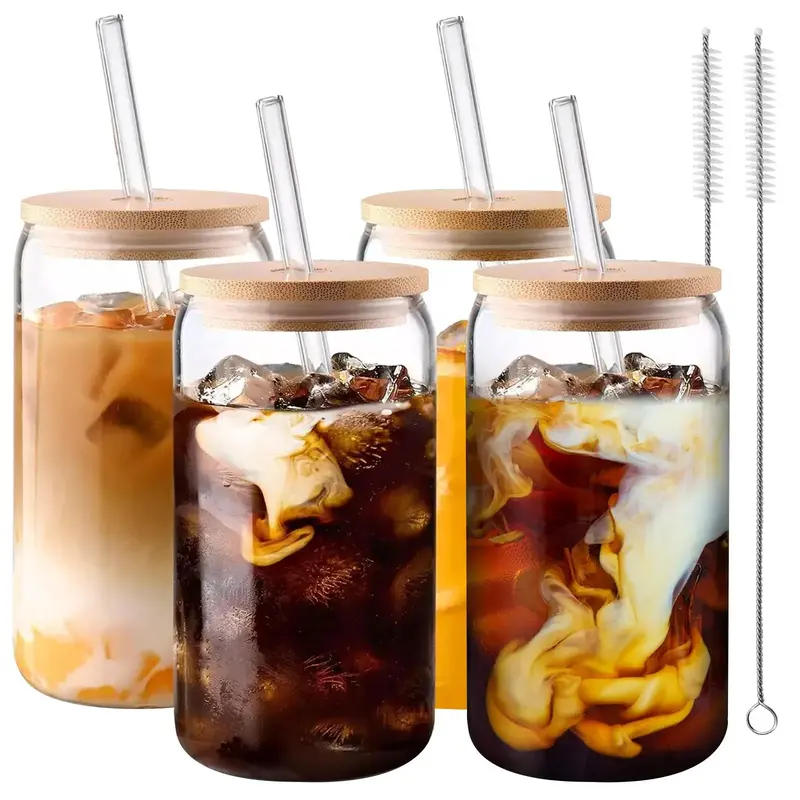 4 Packs 20oz Glass Cups Set with Bamboo Lids and Glass Straws Drinkware, Coffee Bottles, Tumblers and Mug, Birthday Gifts for...