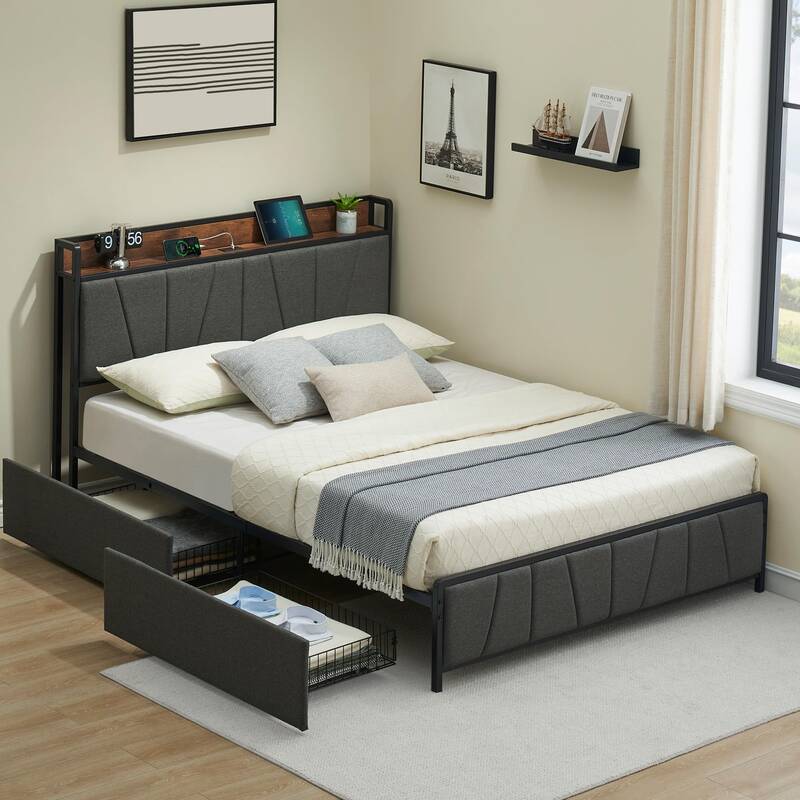 Garvee Queen Size Bed Frame with 2 Storage Drawers, Linen Upholstered Platform Bed Frame with Storage Headboard and Charging ...