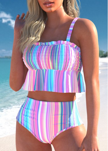 Modlily Smocked Striped Multi Color Bikini Set - XXL