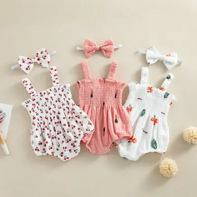 Baby Girl 2Piece Summer Outfits, Sleeveless Cherry/Carrot/Tree Print Romper with Headband