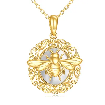 14K Gold White Shell Bee Pendant Necklace