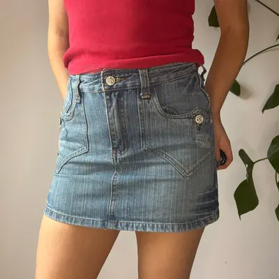 Miss Gang Embroidered Denim Skirt - 29W UK 10 Blue Cotton