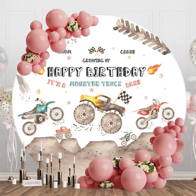 Its A Monster Truck Bash Round Birthday Backdrop - Aperturee