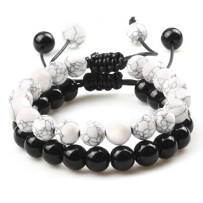 Adjustable Round Natural Howlite & Obsidian Braided Bead Bracelet Sets