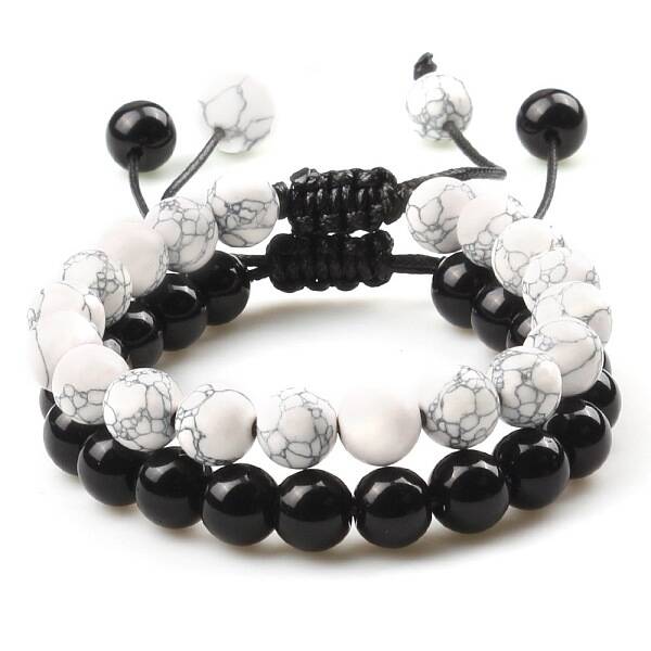 Adjustable Round Natural Howlite & Obsidian Braided Bead Bracelet Sets