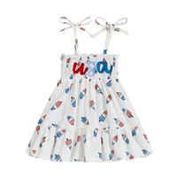 Kid Girl 4th of July Outfit Independence Day Dress Letter Embroidery Popsicle Print Sleeveless Tie-up Suspender A Line Dress