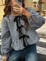 Women's Gingham Print Tie Front Blouse, Elegant Bishop Sleeve Top for Spring & Fall, Going Out Tops, Women's Clothing for Dai...