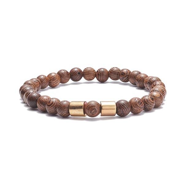 Natural Wenge Wood Round Beaded Stretch Bracelet with Synthetic Hematite for Men Women