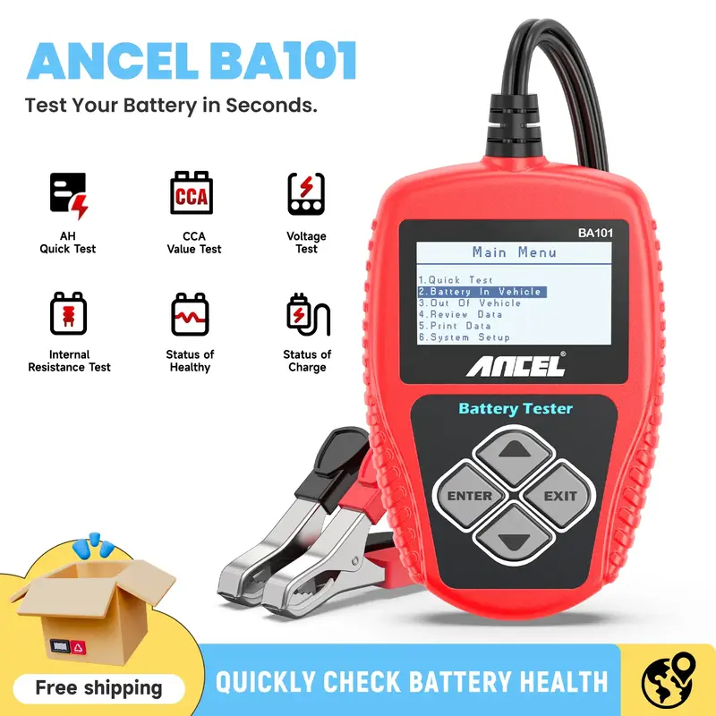 ANCEL BA101 12V Car Battery Tester - Digital Automotive Batteries & Alternator Diagnostic Tool, 100-2000 CCA Load Capacity, C...