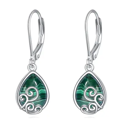 Sterling Silver Malachite Ivy & Drop Shape Lever-back Earrings for Women