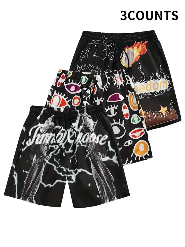 Men's All Over Print Drawstring Shorts, Men's Clothing Outfits, Regular Fit Casual Pocket Straight Leg Shorts, Men's Street W...