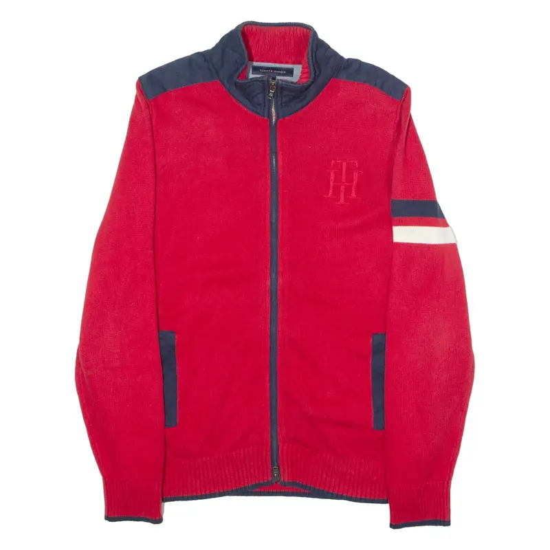 TOMMY HILFIGER Mens Patterned Cardigan Red Striped High Neck Tight Knit L
