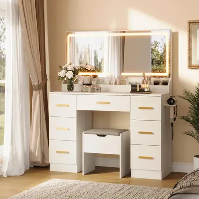 Garvee Modern Vanity Desk with Large LED Mirror – 8 Spacious Drawers, 3 Adjustable Lighting Modes, Built-in Power Outlet, M...