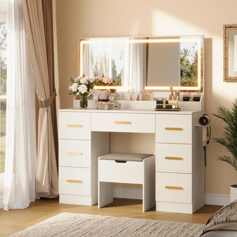 Garvee Modern Vanity Desk with Large LED Mirror – 8 Spacious Drawers, 3 Adjustable Lighting Modes, Built-in Power Outlet, M...