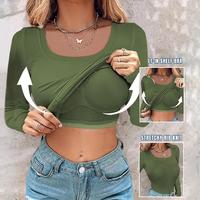 Chicme U-Neck Built-in Bra Long Sleeve Ribbed Top Shirts Elegant Skinny Fit Fabric
