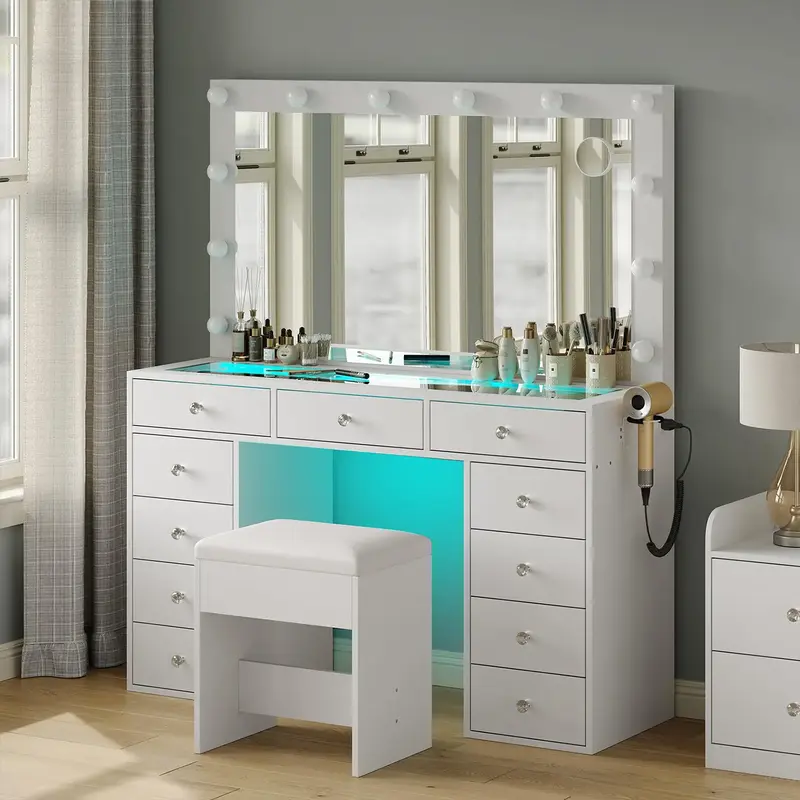 CollaredEagle Vanity Desk with Tempered Glass Topwith & Power Outlet, 11 Drawers Vanity Table with 3 RGB Drawers & Chair, Mak...
