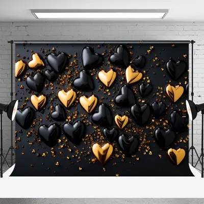 Black Gold Heart Sparkle Valentines Day Backdrop - Aperturee