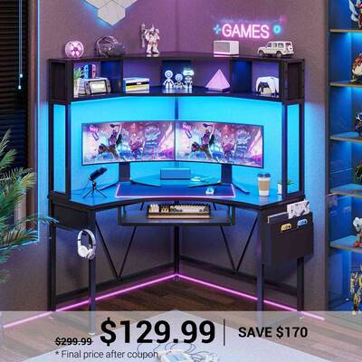 SEDETA | Triangle Corner Gaming Computer Desk with LED Lights for Small Office Rustic Brown Home Office Furniture