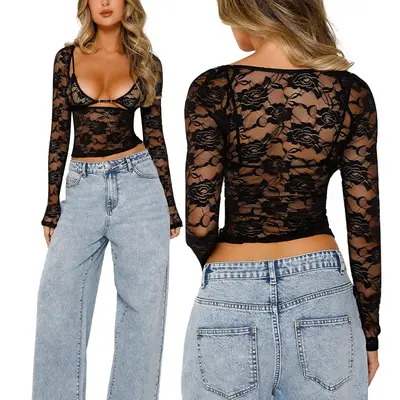 2PCS Women Floral Lace Tops Low Cut Sheer Long Sleeve Pullovers Fitted Crop Shirt with Bra Summer Streetwear Clubwear，Spicy...