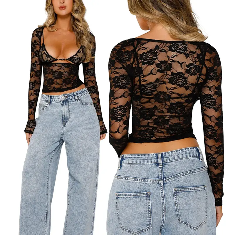 2PCS Women Floral Lace Tops Low Cut Sheer Long Sleeve Pullovers Fitted Crop Shirt with Bra Summer Streetwear Clubwear，Spicy...