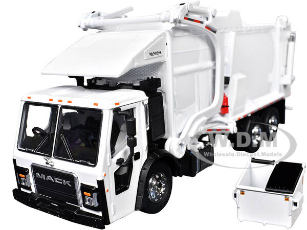 Mack LR Refuse Garbage Truck with McNeilus Meridian Front Loader White with Trash Bin 1/64 Diecast Model by DCP/First Gear