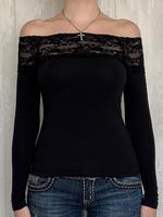 Women's Solid Contrast Lace Off Shoulder Crop Tee, Elegant Casual Long Sleeve T-shirt for Spring & Fall, Women's Tops, Going ...