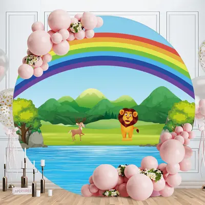 Aperturee Animals Rainbow Happy Birthday Round Backdrop