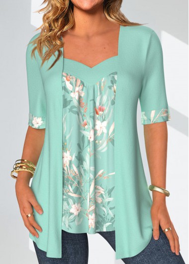Modlily Mint Green Patchwork Floral Print Fake Two Piece Twinset - XXL