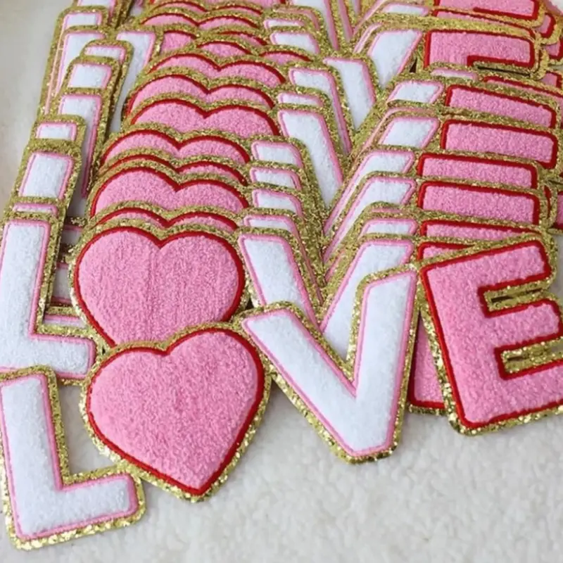 10 3/4 inch - LOVE Chenille Patch Pink, White, Gold