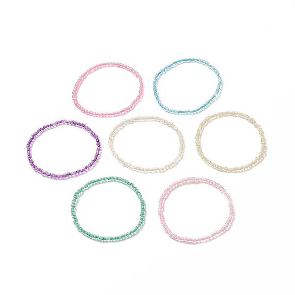 7Pcs 7 Color Candy Color Glass Seed Beaded Stretch Anklets Set for Women