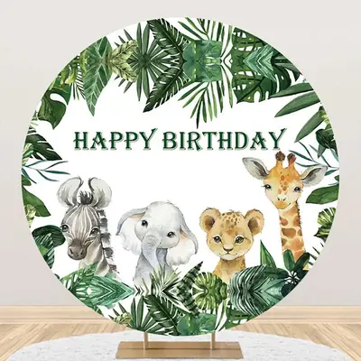 Green Monstera Animals Safari Round Birthday Backdrop - Aperturee