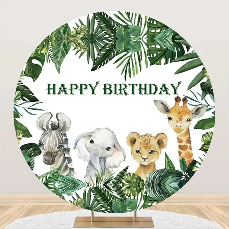 Green Monstera Animals Safari Round Birthday Backdrop - Aperturee