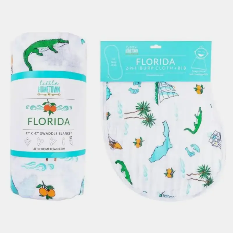 Little Hometown State-Themed Baby Gift Set: Organic Cotton/Bamboo Swaddle, Versatile Wraparound Bib & Absorbent Burp Cloth, S...