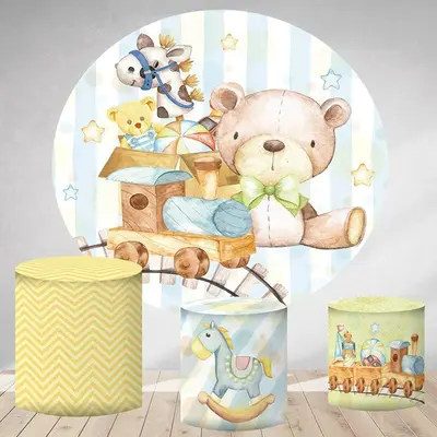 Aperturee Cute Teddy Bear Toy Round Boys Baby Shower Backdrop | Round Backdrop Baby Shower | Baby Shower Arch Backdrop | Circ...