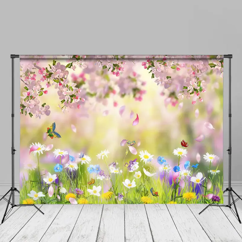 Pink Floral And Butterfly Warm Scene Spring Backdrop - Aperturee