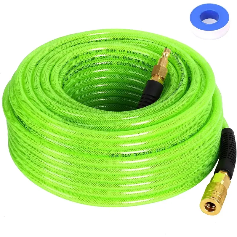 Air Compressor Hose 1/4 Inch x 100  Reinforced Polyurethane (PU) Air Hose with Fittings, Bend Restrictors, 1/4 Industrial Q...