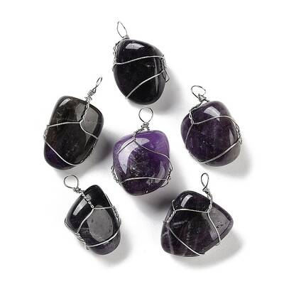 Natural Amethyst Copper Wire Wrapped Pendants