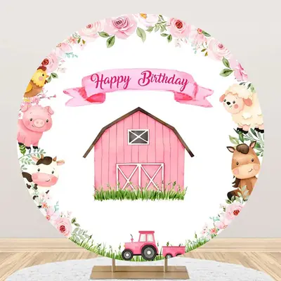 Wood Barn Grass Animal Truck Round Birthday Backdrop - Aperturee