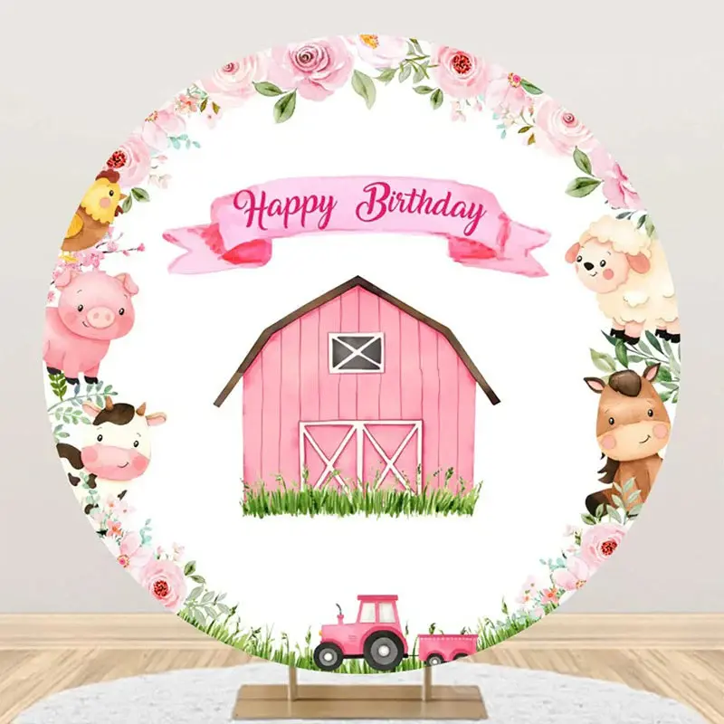 Wood Barn Grass Animal Truck Round Birthday Backdrop - Aperturee