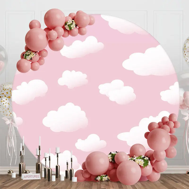 Baby Pink White Clould Round Birthday Party Backdrop - Aperturee