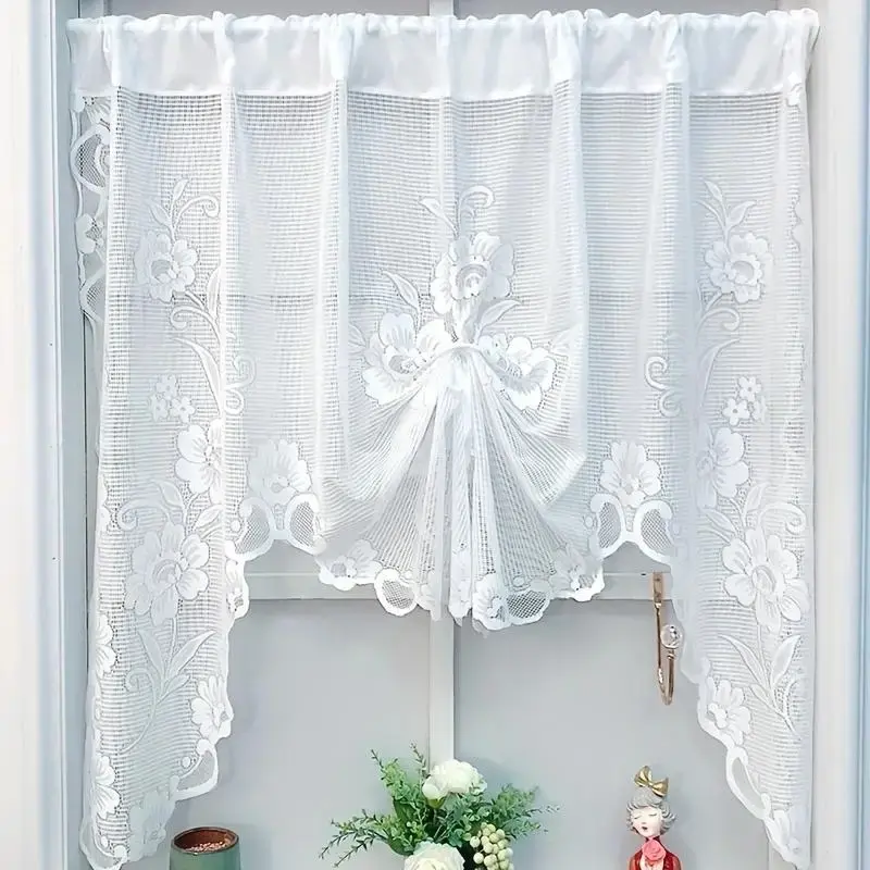 Flower Embroidered Lace Window Curtain without Rod, 1 Count Vintage Floral Lace Sheer Curtain, Short Sheer Curtains for Bedro...