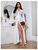 Ruffle Trim Long Sleeve Belted Sheer Mesh Wedding Bride Robe Nightgown,Wedding Party Gift Loungewear