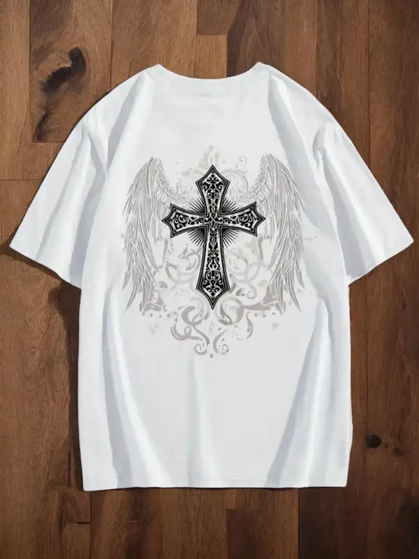 Men's Regular Fit Cross & Wing Print Drop Shoulder Tee, Casual Short Sleeve Round Neck T-shirt for Summer, Summer Outfits, Me...