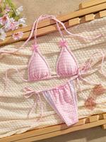 Two-piece Set Women's Bow Decor Bikini Set, Casual Fashion Chic Halter Bra & Panty Swimsuit Set, Ladies Swimwear for Beach Ho...