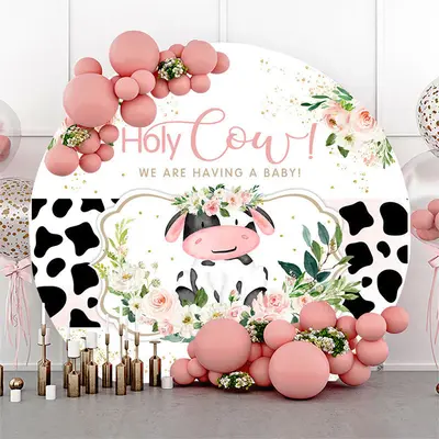 Aperturee Holy Cow Spot Pink Floral Circle Baby Shower Backdrop | Custom Round Backdrop | Custom Circle Backdrop Baby Shower ...