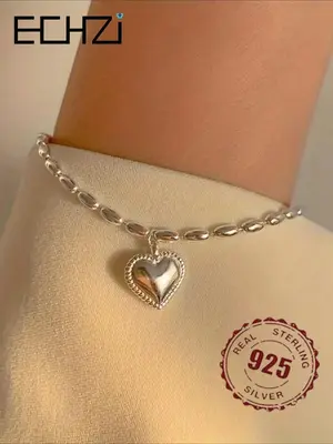 S925 Sterling Silver Heart Shaped Charm Bracelet, Simple Style Hand Chain Jewelry for Women, Elegant Gift Idea