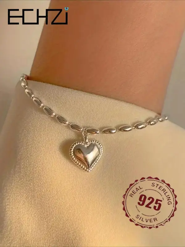 S925 Sterling Silver Heart Shaped Charm Bracelet, Simple Style Hand Chain Jewelry for Women, Elegant Gift Idea