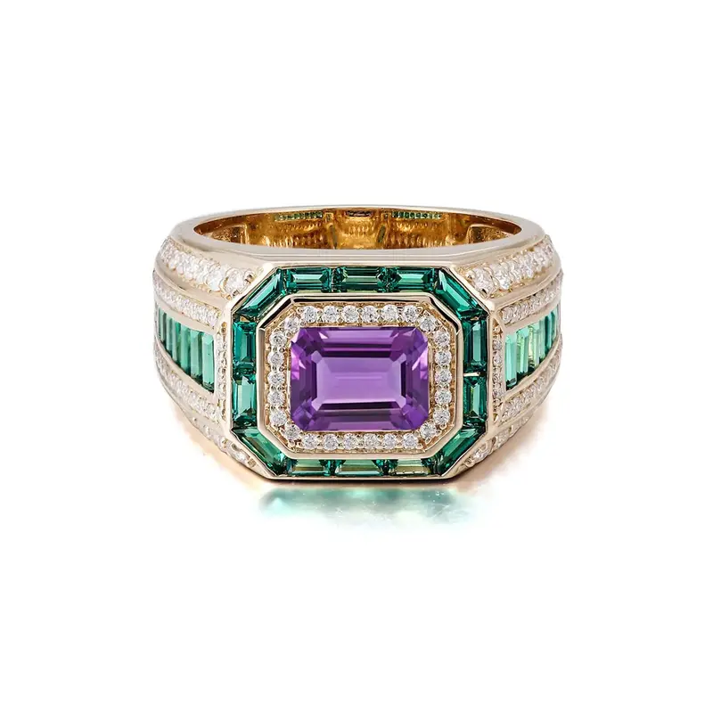 10K Gold Emerald Cut Large Center Stone Amethyst Ring for Men