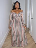 Women's Striped Printed Off Shoulder Shirred Ruffle A Line Dress, Boho Flounce Sleeve Maxi Dress for Fall & Winter, Women's C...
